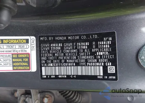 2018 Honda Clarity Plug-In Hybrid z USA, uszkodzony, nr VIN JHMZC5F11JC016816